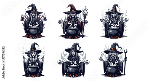 Illustrations of six witches brewing potions in cauldrons with various magical elements around them