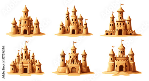 Illustration of six sandcastles with varying designs and tower heights on a white background scene
