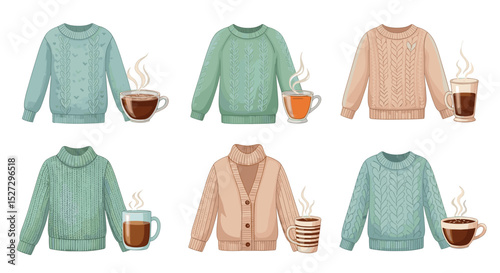 Illustration of six sweaters in various styles and colors paired with steaming mugs of hot beverages