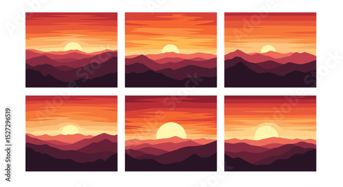 Six panels showing mountain ranges at sunset with an orange sky and a visible sun in each panel
