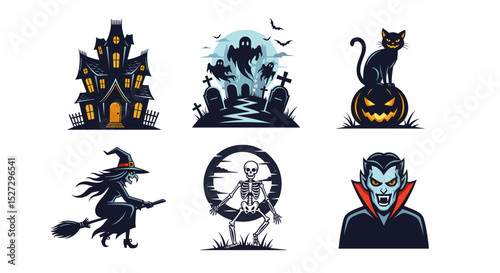 Collection of halloween themed illustrations featuring spooky elements and characters in a set design