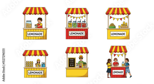 Illustration of six lemonade stands with different designs and people selling and buying lemonade