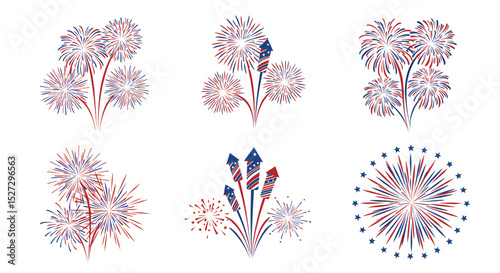 Illustration of six clusters of red white and blue fireworks on a white background display design