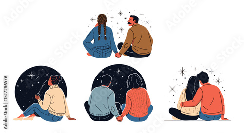 Illustrations of couples gazing at stars and holding hands in various poses and perspectives