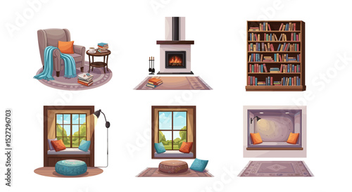 Collection of cozy interior scenes featuring armchairs fireplaces and window reading nooks with books
