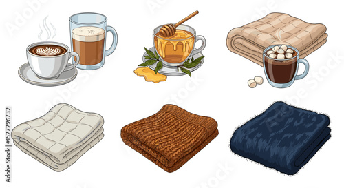 Illustration of warm beverages and cozy blankets for a relaxing and comfortable atmosphere at home