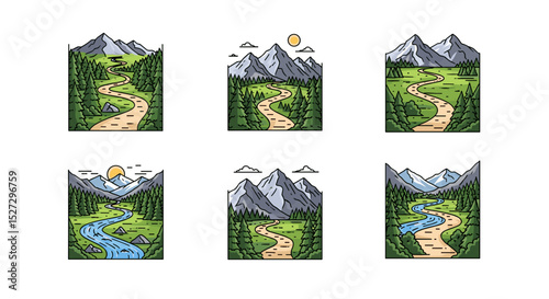 Collection of six mountain landscape illustrations with winding paths and nature scenes views of mountains