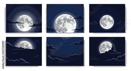 Collection of six night scenes featuring a bright full moon and dark clouds in a dark blue sky background