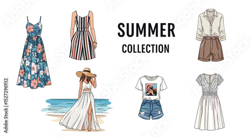 Illustration of summer collection featuring dresses shorts and tops on a white background display of fashion items