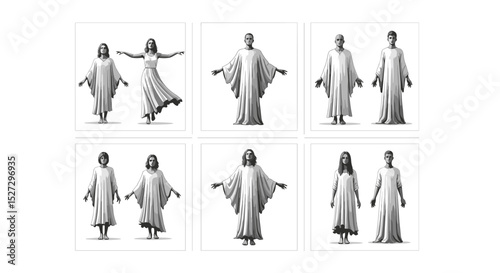 Compilation of figures in robes and dresses in a grid format showcasing various poses and styles of attire