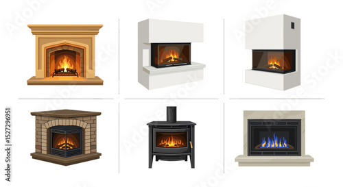 A selection of six different fireplaces with various styles and designs on a white background