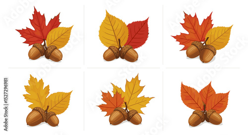 Collection of autumn themed acorns with colorful leaves in a grid pattern on a white background