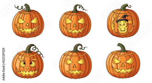 Collection of six halloween pumpkins with different carved faces and expressions in cartoon style art design