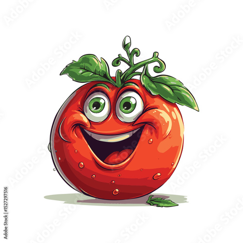 Cartoon smiling tomato character with leaves illustration