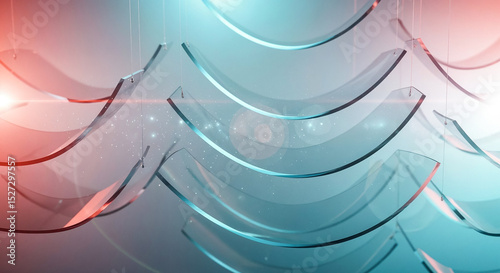 Hanging curved glass panels creating abstract design with light effects