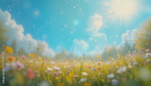 Vibrant Spring Meadow: Sunny Day, Blooming Flowers, Sky Background