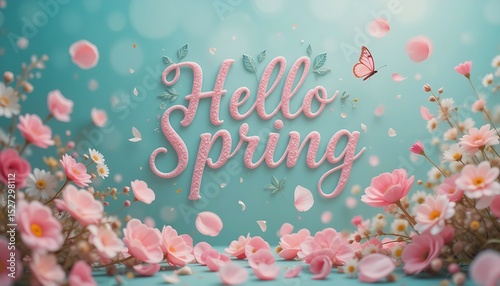 Hello Spring: Pink Flowers & Butterfly Design