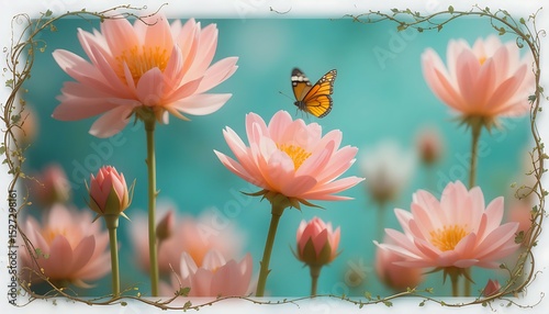 Pink Lotus Flowers Butterfly Garden Scene