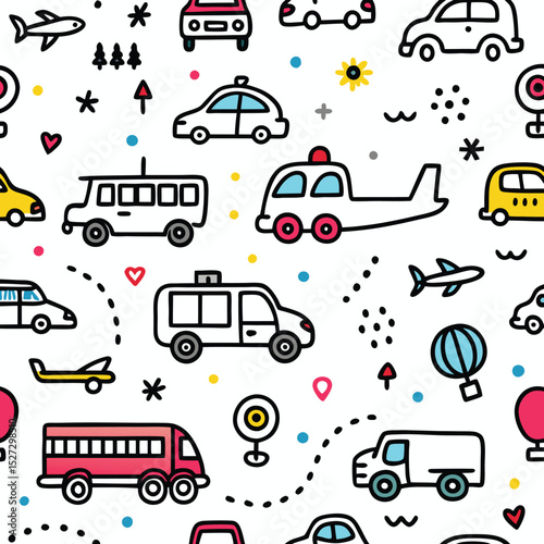 Colorful Transportation Doodle Pattern