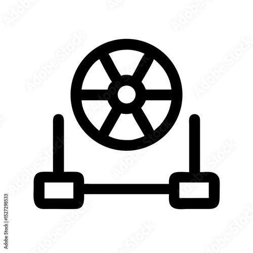 Simple black line icon of a central wheel with spokes above an axle and two bases. Best for technical diagrams, engineering blogs, industrial safety, or app UI design