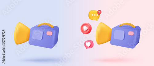 3d video camera simplicity icon signs with lens and button for theater. Realistic film movie icon, play button for streaming multimedia concepts. 3d movie cinema record icon vector render illustration