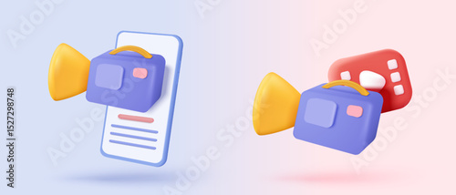 3d video camera simplicity icon signs with lens and button for theater. Realistic film movie icon, play button for streaming multimedia concepts. 3d movie cinema record icon vector render illustration