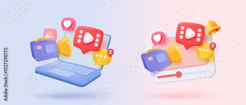 3D live stream icon on social media browser, emotion in cinema frame. Social media playing video promote the idea of passive revenue generation. 3D live entertainment icon vector render illustration