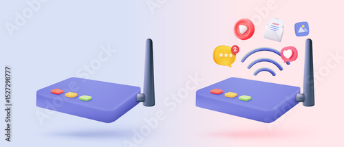 3d wireless router connection and sharing network on internet. Hotspot access point for digital and online coverage. Broadcasting area with WiFi. 3d wireless signal icon rendering vector illustration