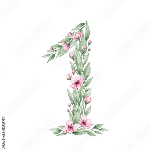 Floral Number 1 with watercolour flowers and leaf on a transparent PNG Background. Monogram initials perfect for wedding invitations, greeting card, logo, poster and other design