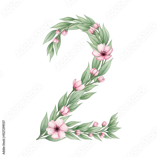 Floral Number 2 with watercolour flowers and leaf on a transparent PNG Background. Monogram initials perfect for wedding invitations, greeting card, logo, poster and other design