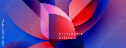 Abstract colorful shapes overlap, creating dynamic visual effect. Modern design features gradients, curves, text elements.