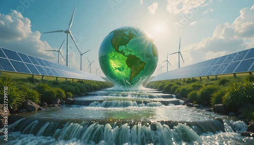 Sustainable Energy: Green Globe, Wind Turbines, Solar Panels