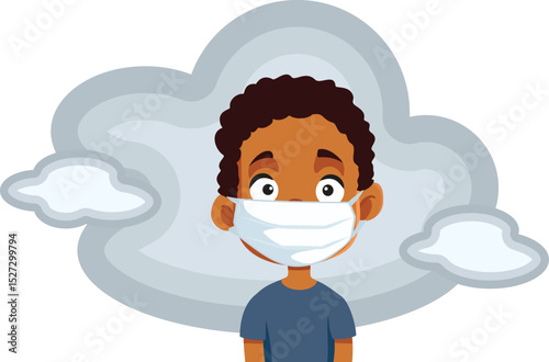 Child Wearing Anti-Pollution Face Mask Vector Illustration. Unhappy little kid having respiratory problems in a polluted city

