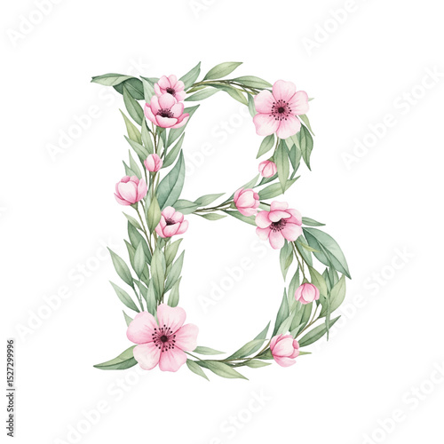 Floral alphabet B with watercolour flowers and leaf on a transparent PNG Background. Monogram initials perfect for wedding invitations, greeting card, logo, poster and other design