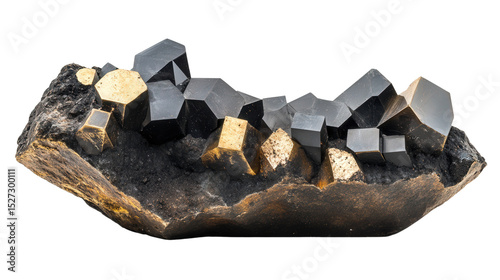 Raw galena chunk with cubic metallic crystals, Transparent background, PNG file