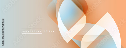 Abstract fluid shapes overlap, creating soft gradients. Peach, blue hues dominate design. Minimal text present. Modern aesthetic.