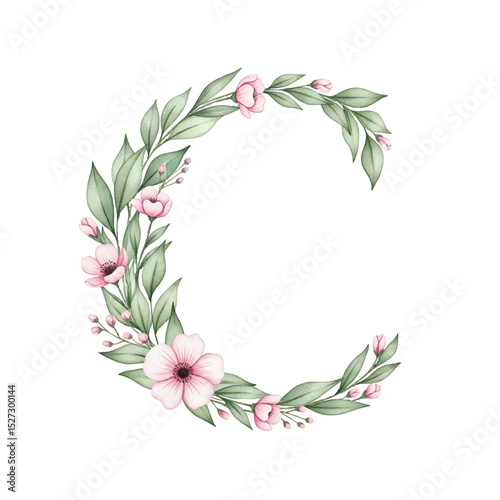 Floral alphabet C with watercolour flowers and leaf on a transparent PNG Background. Monogram initials perfect for wedding invitations, greeting card, logo, poster and other design