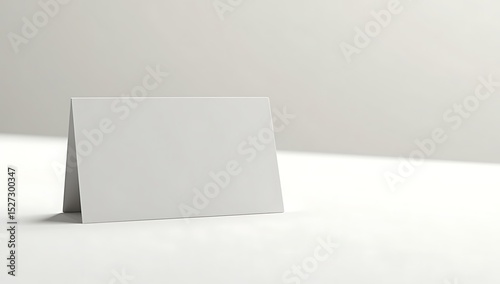 Empty conference table tent card mockup standing upright on white desk. Concept of seat labeling, business meeting arrangement, and organized event planning.
