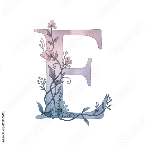 Floral gradient alphabet E with watercolour flowers and leaf on a transparent PNG Background. Monogram initials perfect for wedding invitations, greeting card, logo, poster and other design