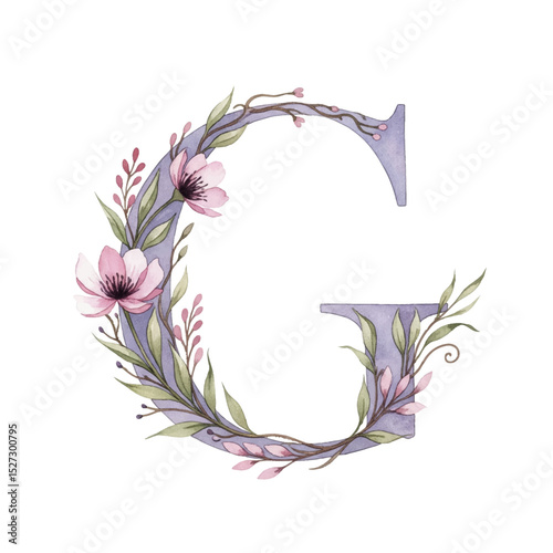 Floral gradient alphabet G with watercolour flowers and leaf on a transparent PNG Background. Monogram initials perfect for wedding invitations, greeting card, logo, poster and other design