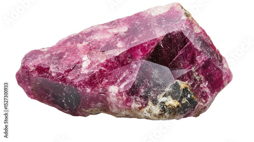 Raw ruby corundum chunk with deep red hue, Transparent background, PNG file
