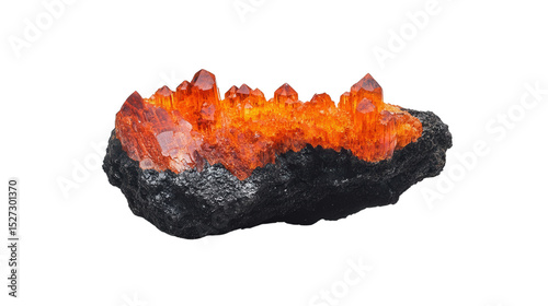 Raw crocoite chunk with vivid orange-red crystals, Transparent background, PNG file