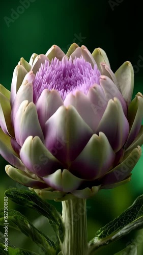 Close-up of a blooming artichoke flower with pastel purple petals against a dark green background, showcasing intricate textures and botanical detail.