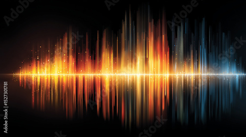 Abstract illustration of a sound wave with dynamic colorful effects reflected below