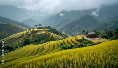 Rice Terraces in a Misty Mountain Landscape with Hut