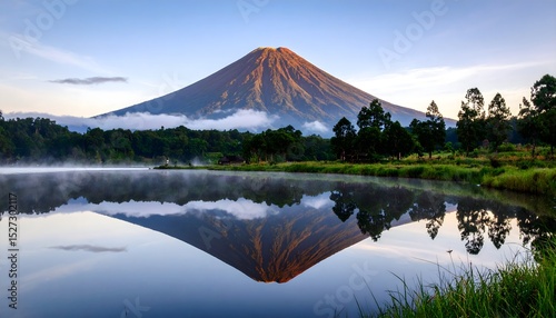 Golden hour mirror reflection of mount and lake