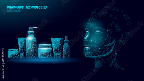 Cosmetics set with woman low poly face. Beauty product skincare treatment polygonal design. Beauty health wellness dermatology spa. Abstract dark blue background blue vector