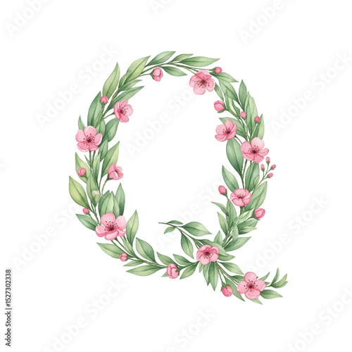 Floral alphabet Q with watercolour flowers and leaf on a transparent PNG Background. Monogram initials perfect for wedding invitations, greeting card, logo, poster and other design