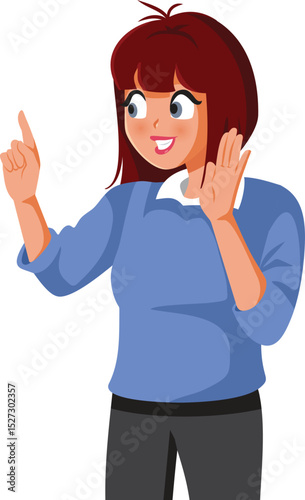 Woman Speaking and Pointing her Finger Vector Illustration Character. Happy lady confessing a secret while explaining everything 
