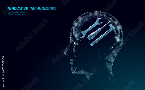 Human head with tools polygon concept. Technical instruments inside mind innovation engineering graphic. Brain construction repair development. Dark blue background low poly vector